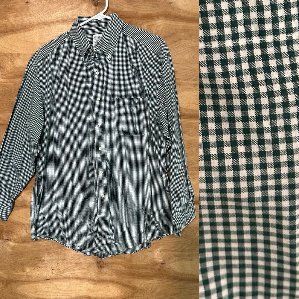 Brooks Brothers Button Down Shirt Mens 16-3 Green White Check USA Cotton Pocket